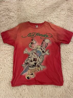 Ed Hardy Red Tattoo Skull Graphic Tee